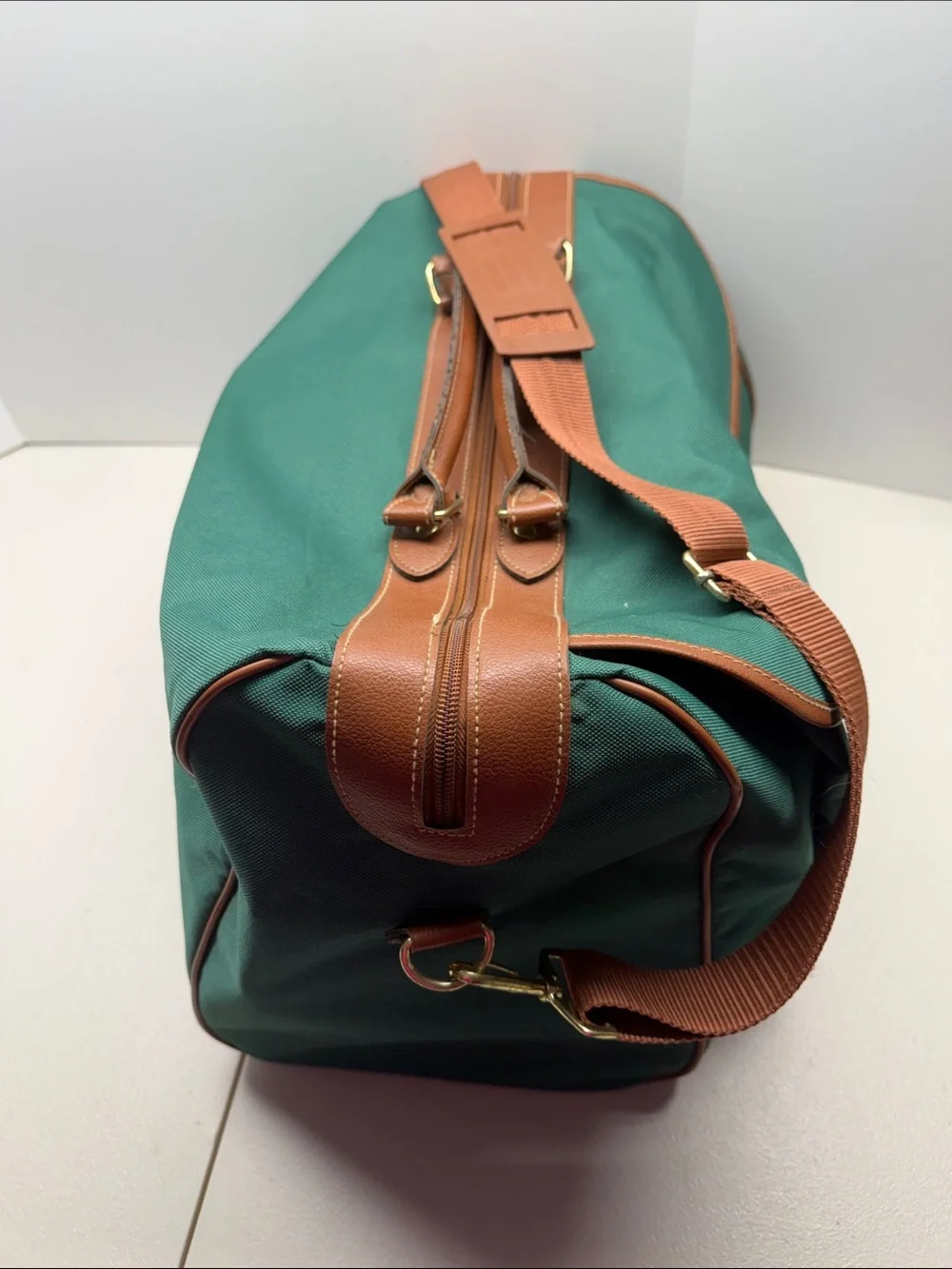 Ralph Lauren Green Canvas Messenger Bag with Brown Leather Trim.